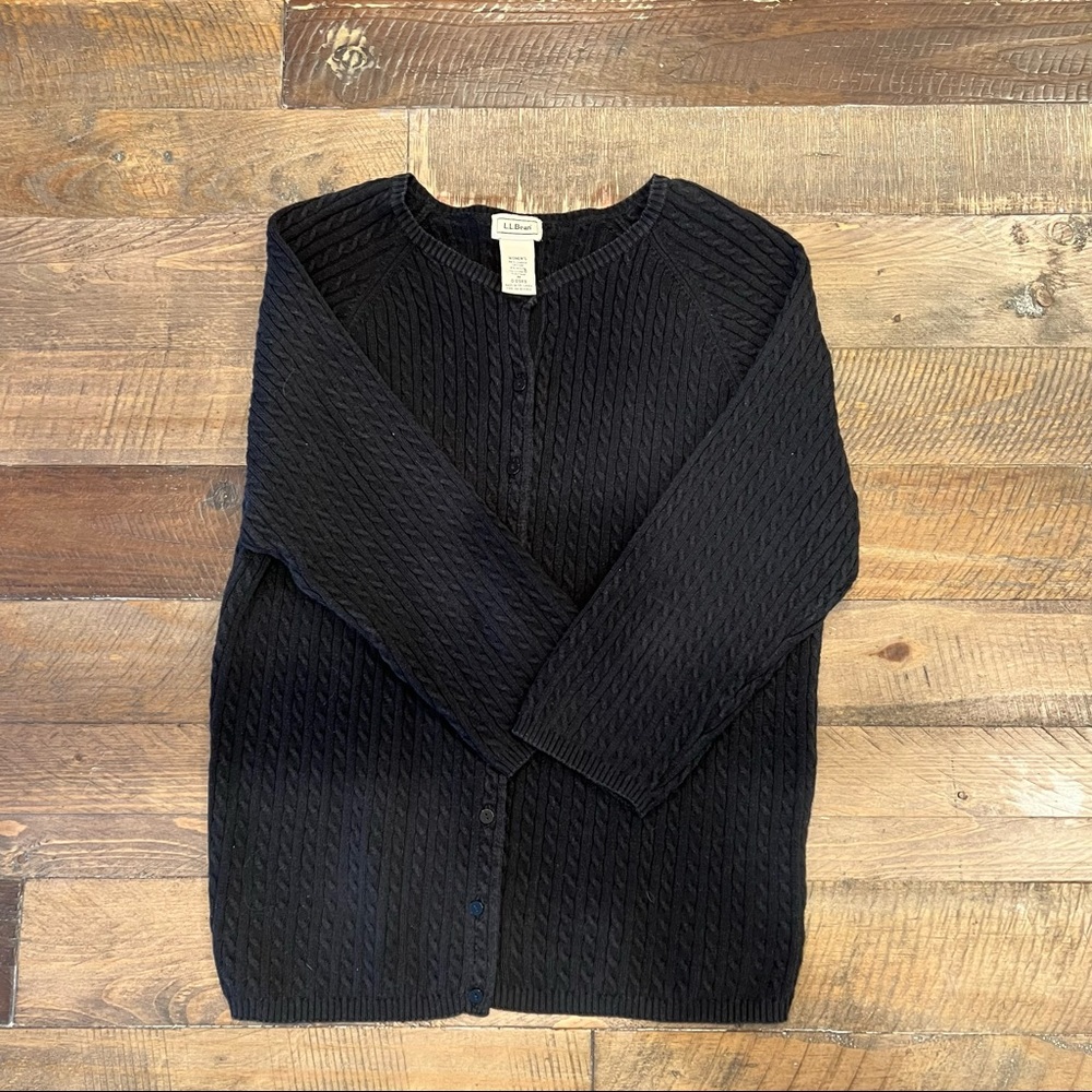 L. L. Bean Women Sz M Black Textured Cable Knit Cardigan 3/4 Sleeves